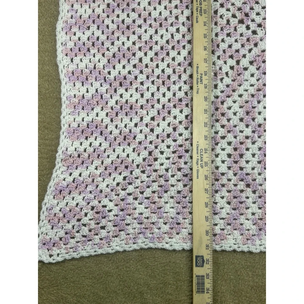 Handmade Crochet Baby Blanket White Pink Lavender Sparkle Accent‎ Afghan 32X32